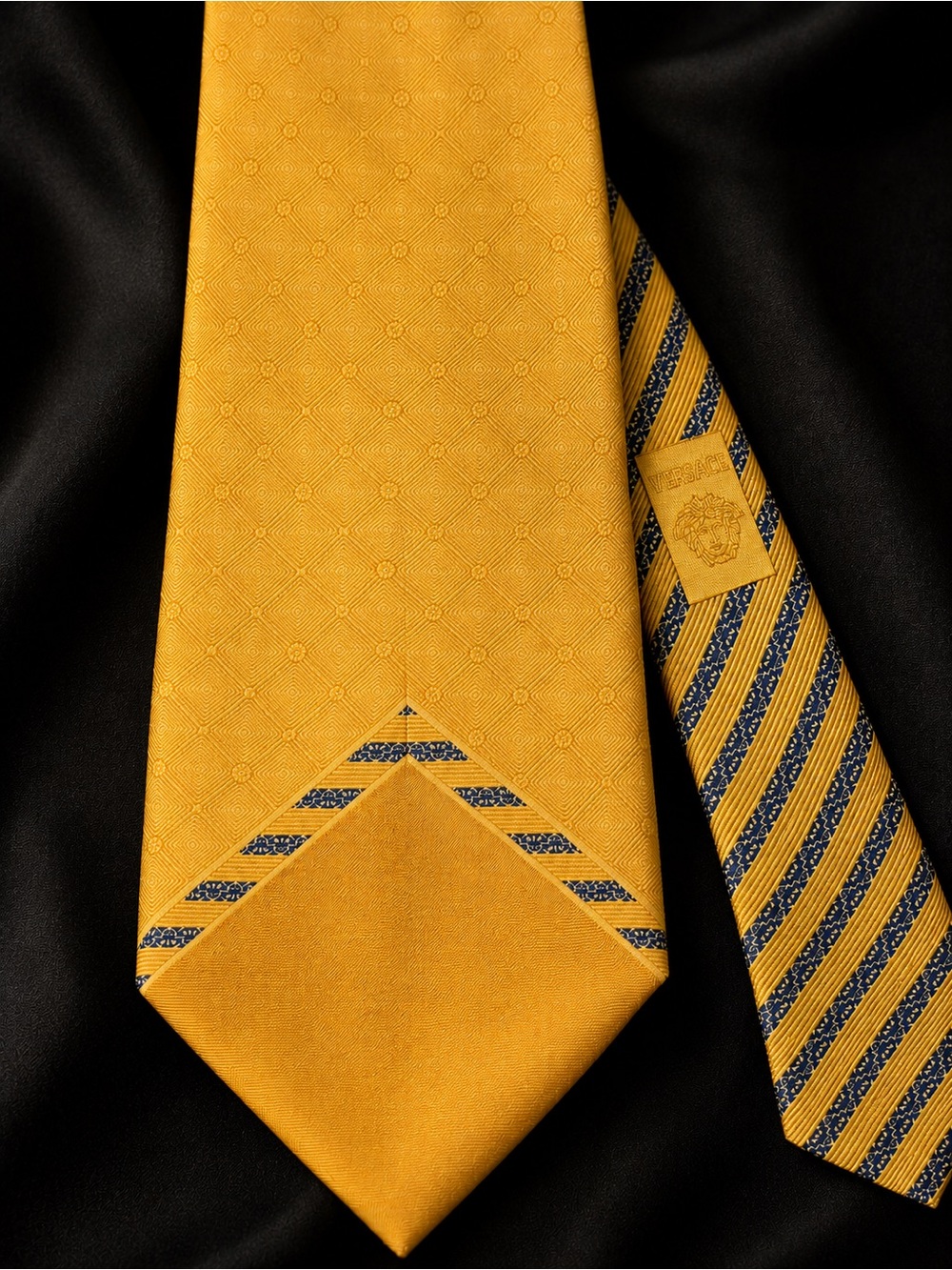 Versace Golden Yellow Silk Tie with Navy Stripe Accents